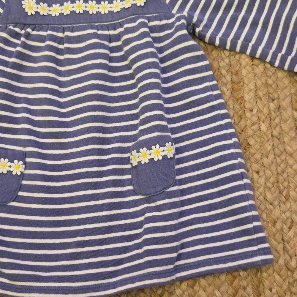 Baby Boden Blue/White Stripe Daisy Trimmed Sweatshirt Dress Size 6-12‎ months